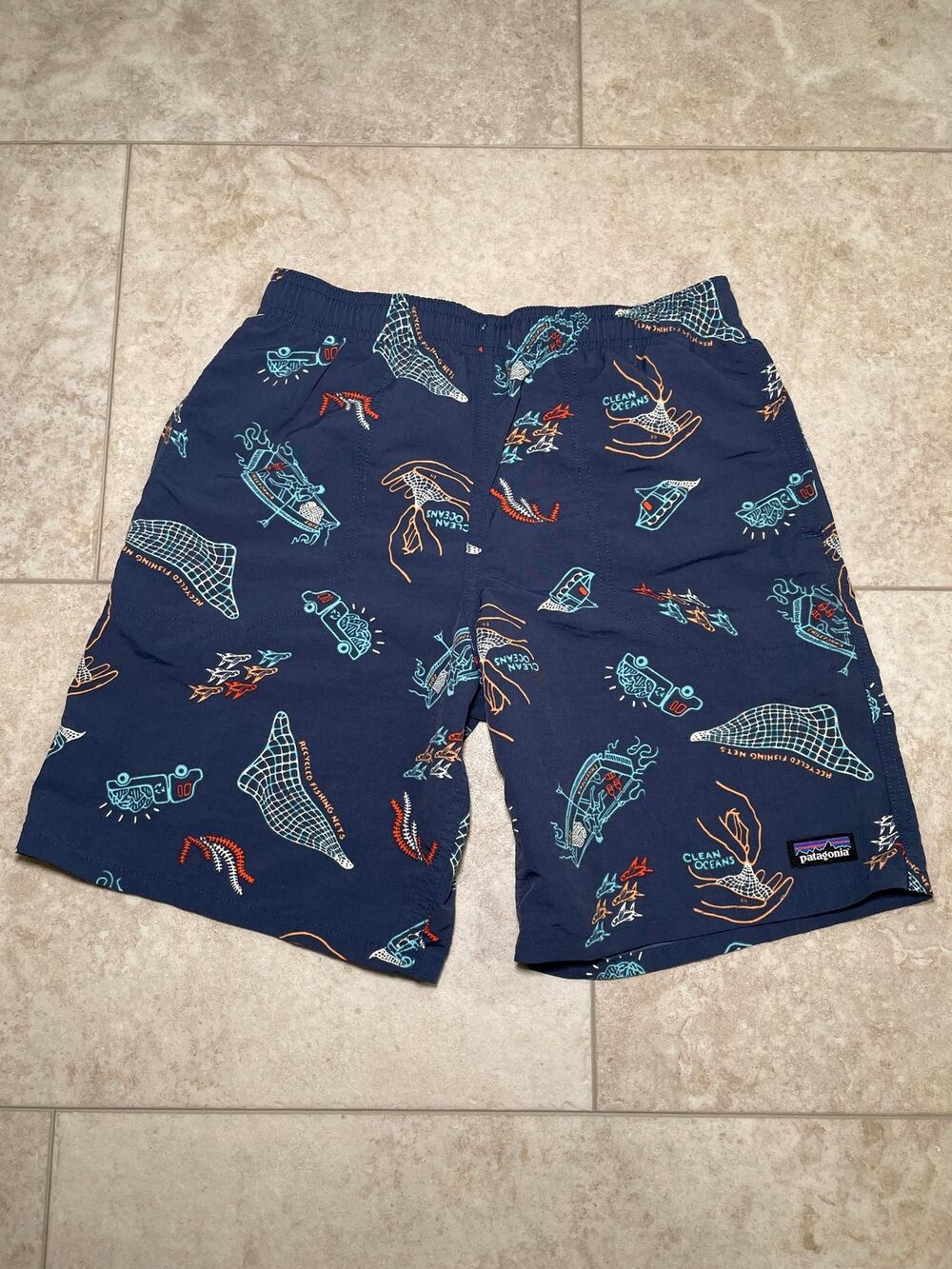Patagonia Boys' Baggies Swim Shorts Trunks Sz L Blue Ocean Fish Gorpcore Outdoor